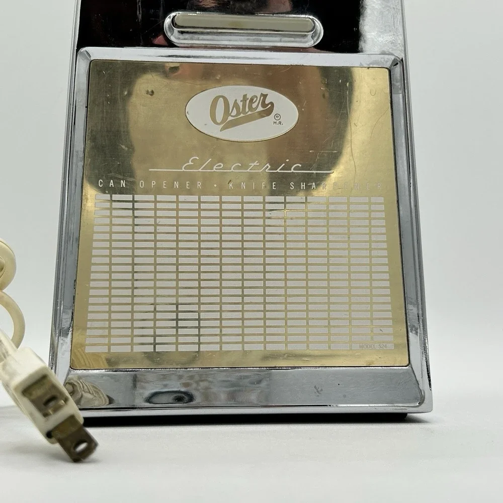 Vintage Oster Chrome / White Can Opener & Knife Sharpener Mid-Century. Tested